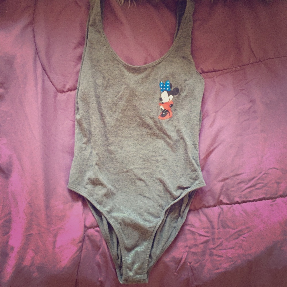 Grey one piece top with mini mouse graphic.